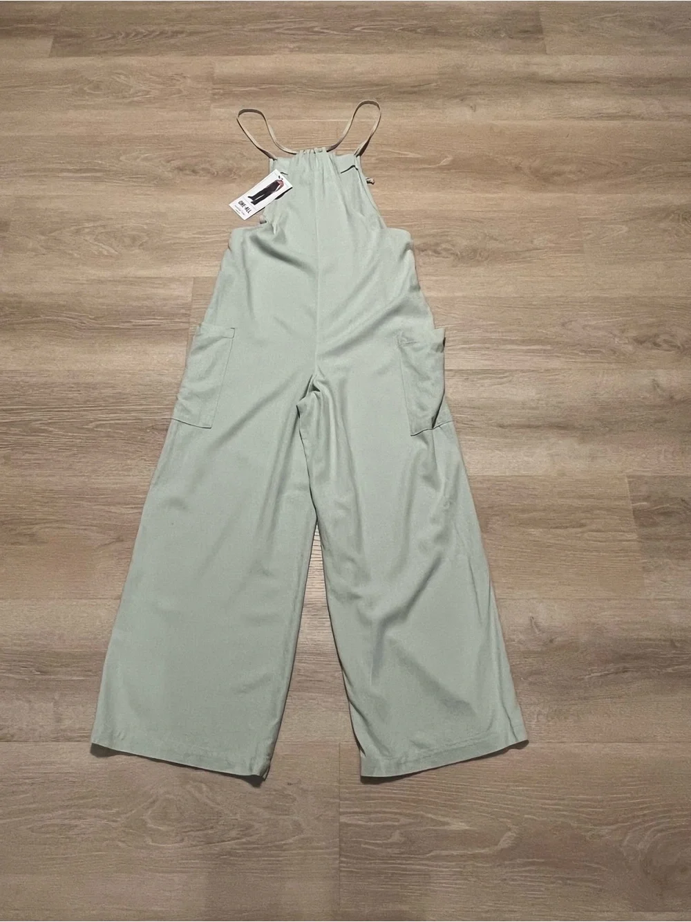 NWT Vanilla Star Sage Green Linen Blend Wide Leg Jumpsuit Strappy Back Size M